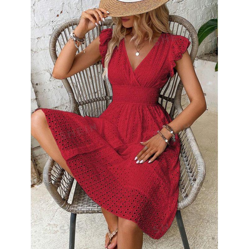 

European and American Women clothes New Midi dress Jacquard Hollow Slimming V-neck Plus size Solid Dress Red XL