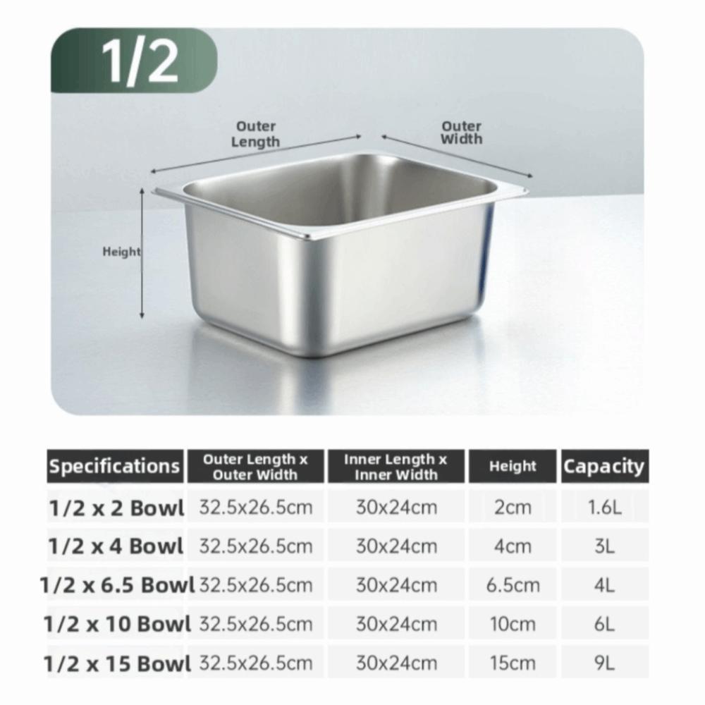 Stainless Steel Food Pan GN Pan with Lid 32.5 cm x 26.5 cm Rectangular Tray Basin Square Basin Thickened Food Storage Container