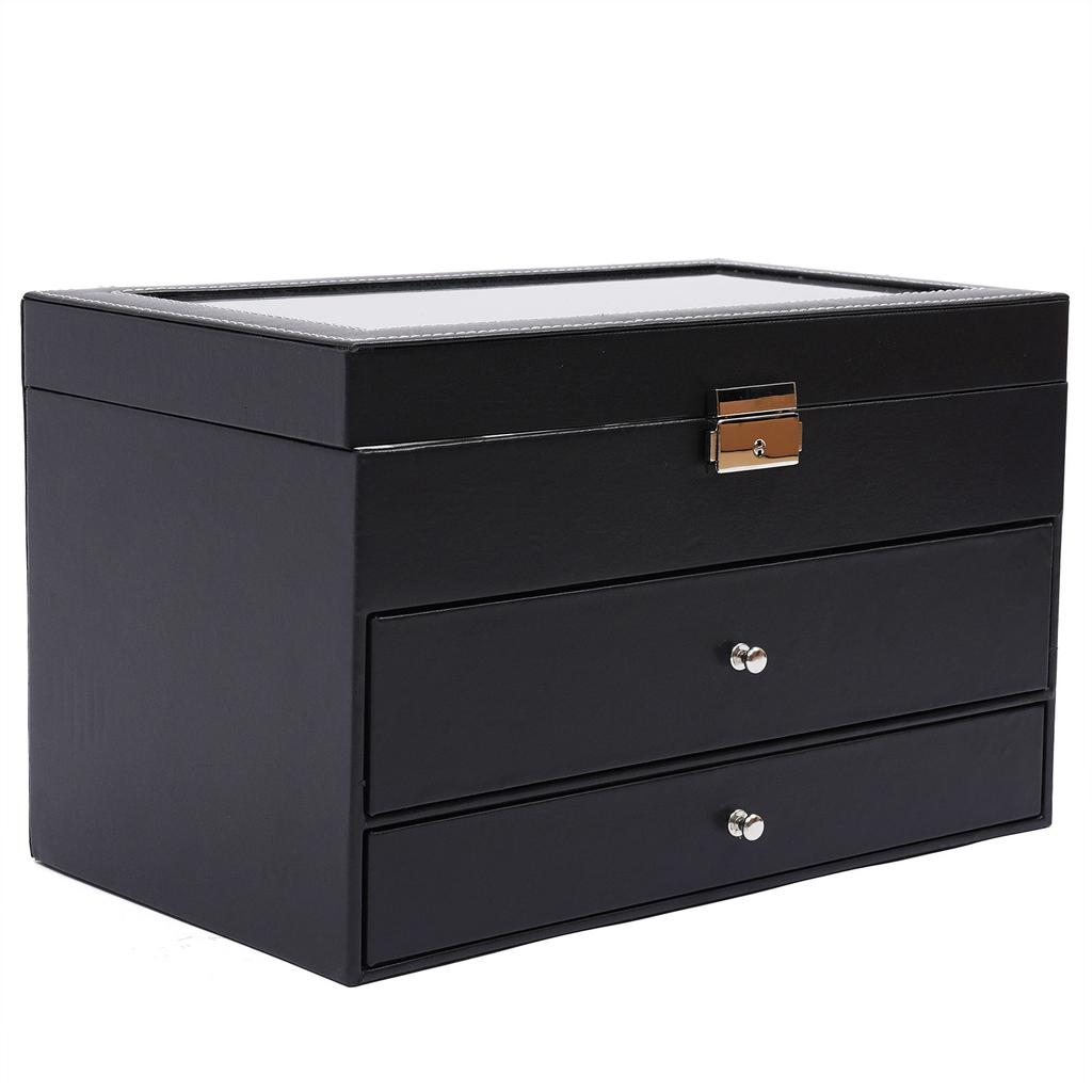 3-lagige schwarze Leder Uhren- und Brillenbox mit Schmuck-Ausstellungsfach, Metallverschluss, Etui-Organizer, Tolles Geschenk