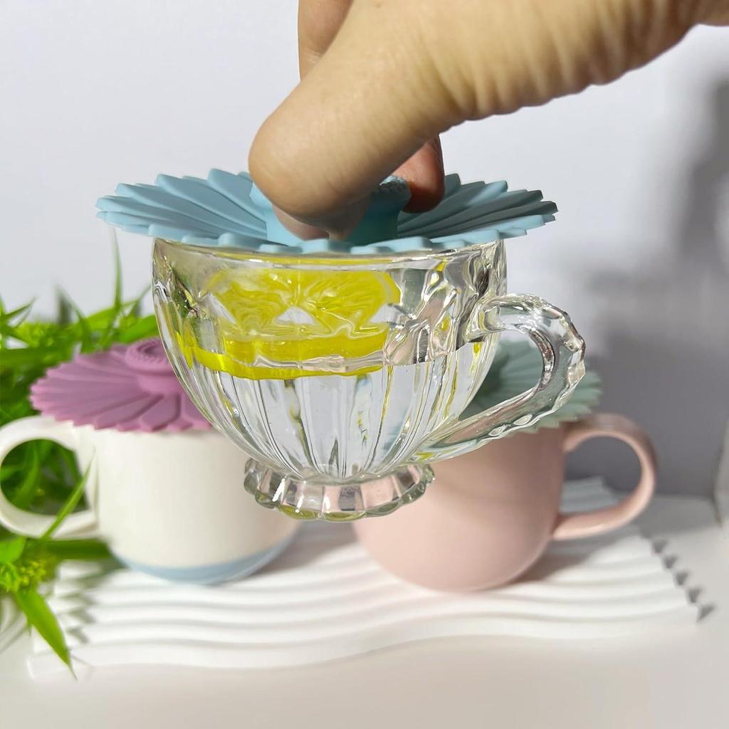 Set 3 pezzi Coperchi in silicone a forma di girasole Multifunzionali Antipolvere e Antigoccia Copertura per tazza da tè e caffè
