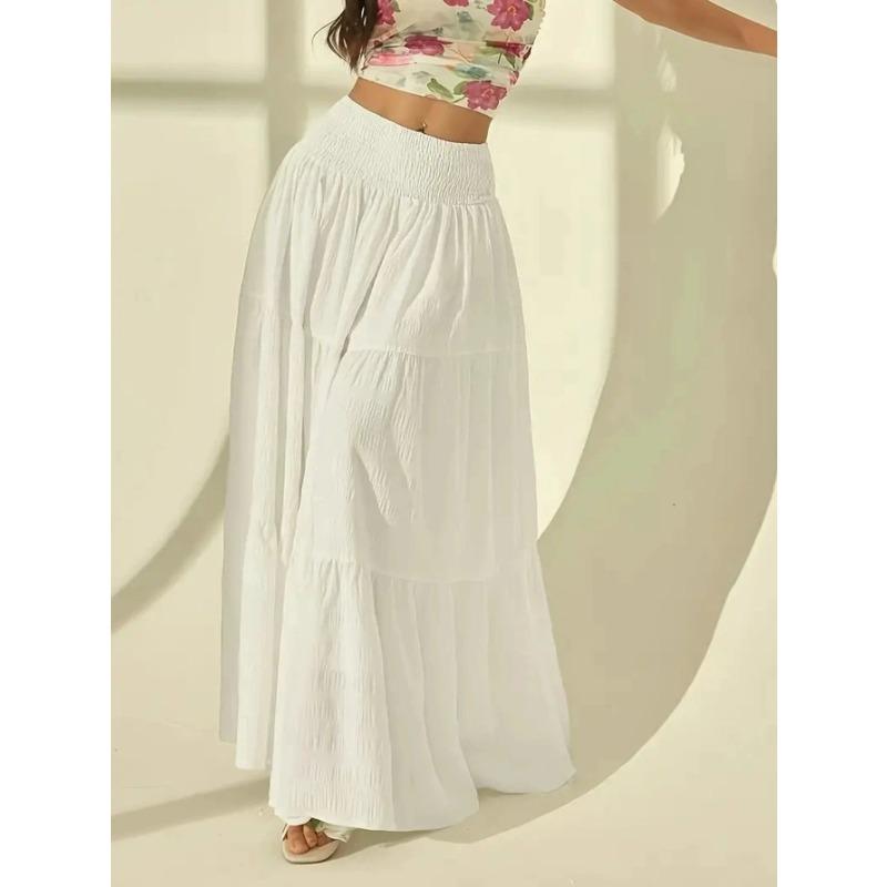 Women's Fashionable Layered Long Skirt Casual Solid Color Elastic Waist Women Half Skirt Holiday Date Vacation
