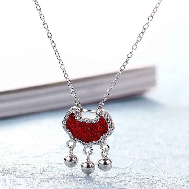 Necklace Female Niche Design Full Diamond Crystal Double Sided Longevity Lock Pendant Cold Wind Qixi Festival Clavicle Chain