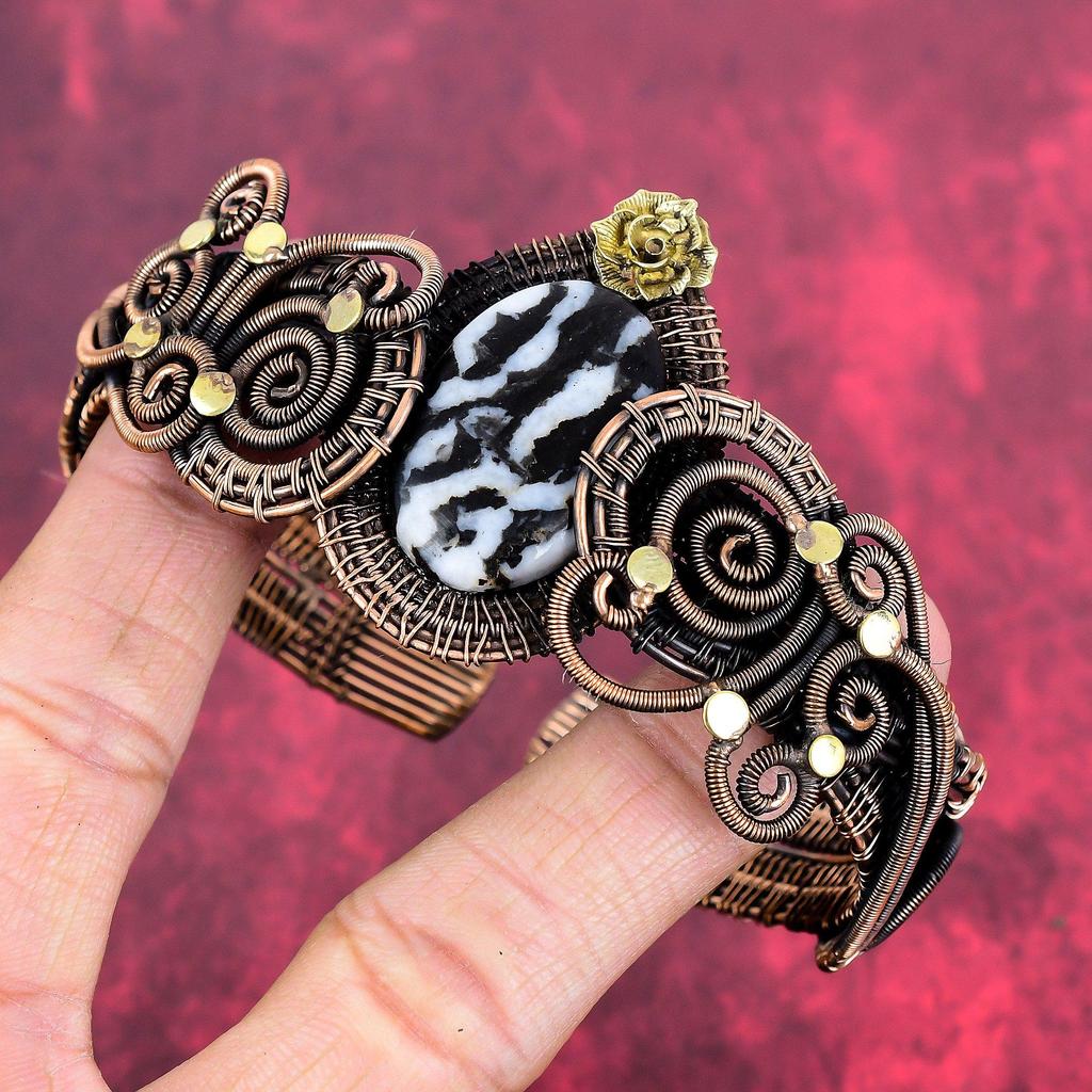 White Buffalo Turquoise Bangle Adjustable Cuff Bracelet Copper Wire Wrapped Gemstone Bangle Handmade Jewelry Flower Bangle Anniversary Gifts