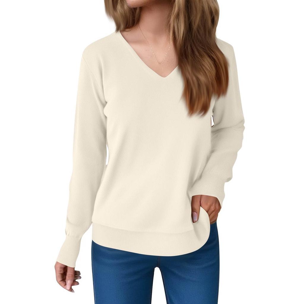 Women's Fashionable Casual V Neck Solid Color Long Sleeve Top