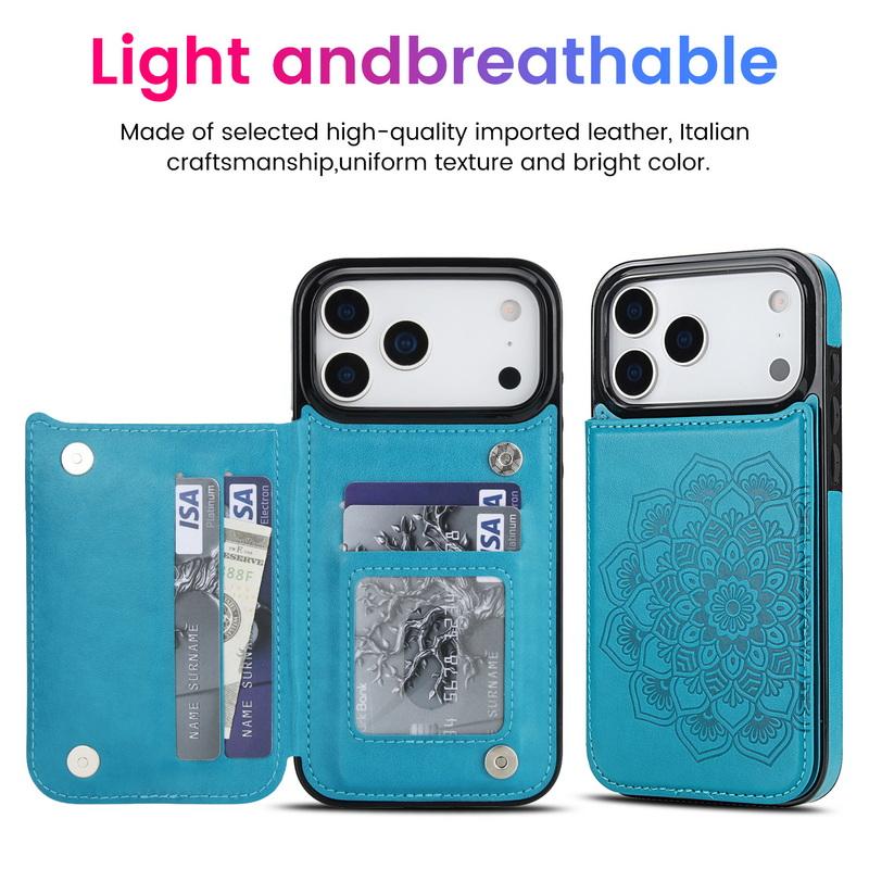 Mandala Card Pocket Leather Wallet Case For iPhone 17 Pro Max 16 15 Pro Max 14 13 12 11 Magnetic Metal Buckle Card Holder Back Cover