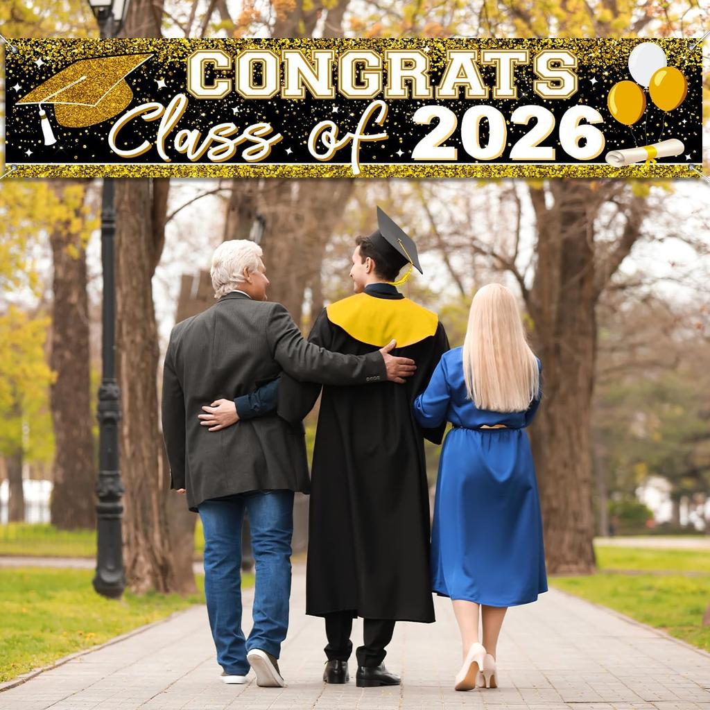 Large Congrats Grad Banner Gold Class of 2026 Banner Backdrop Graduation 2026 Yard Sign for Graduation Party Supplies Graduation Decorations 2026