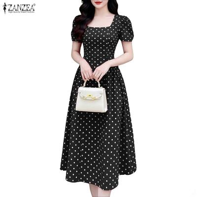 Women Square Collar Casual Short Sleeve Elegant Polka Dot Dress