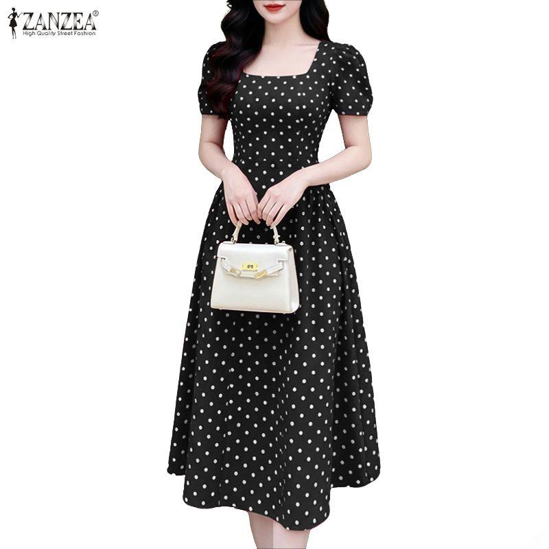 ZANZEA Women Square Collar Casual Short Sleeve Elegant Polka Dot Dress