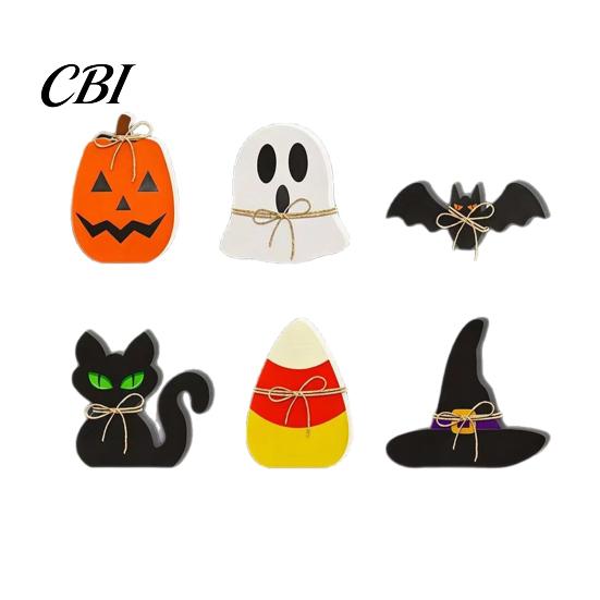 Tiered Tray Halloween Set 6Pcs Decor, Ghost Black Cat Mummy Figurines, Pumpkin Witch Decorations Hat Bat Wooden Ornaments for Shelf Table, Party