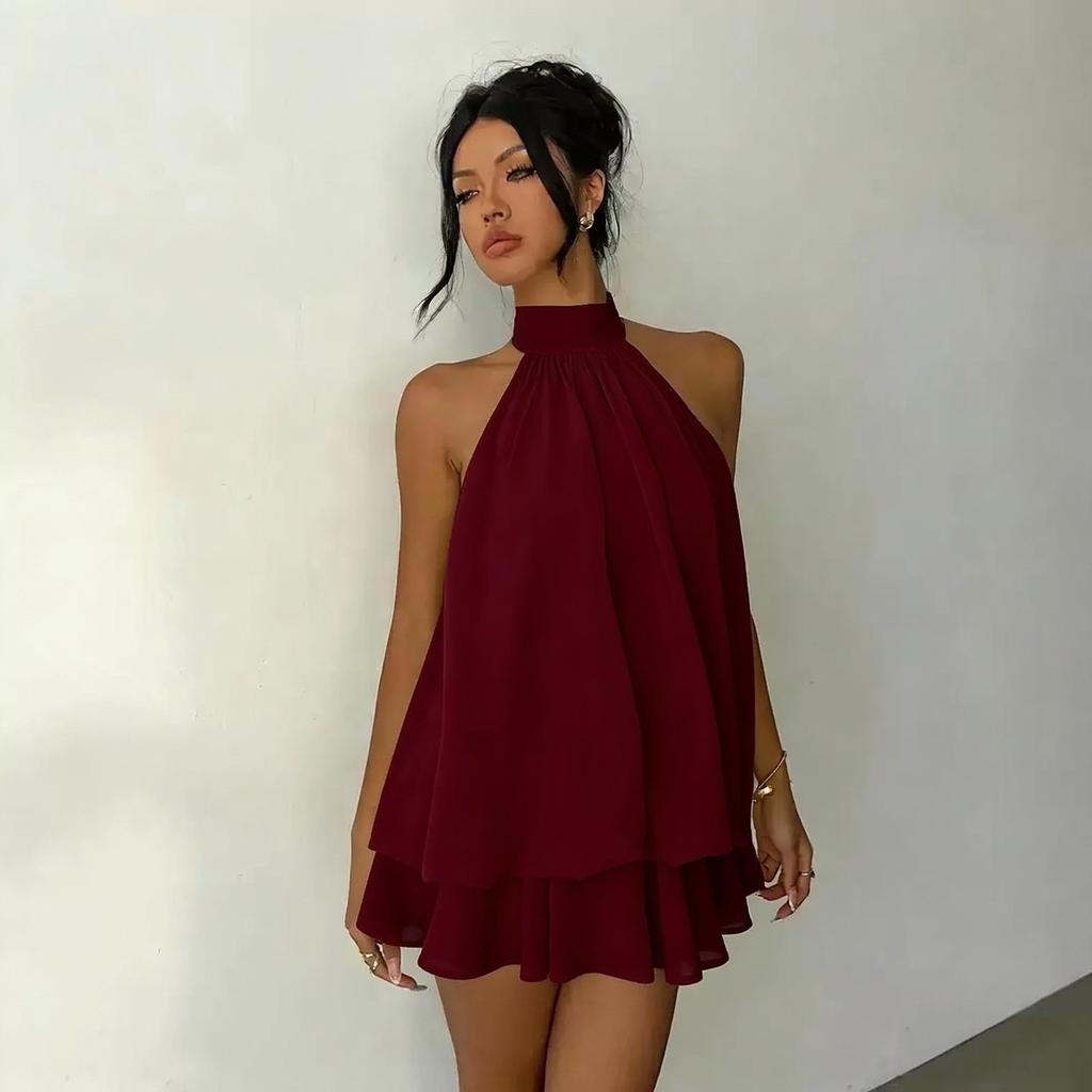 Women Summer Halter Backless Mini Dress High Waist Tie‑Up Chiffon Vacation Party Short Dresses XS‑XXL