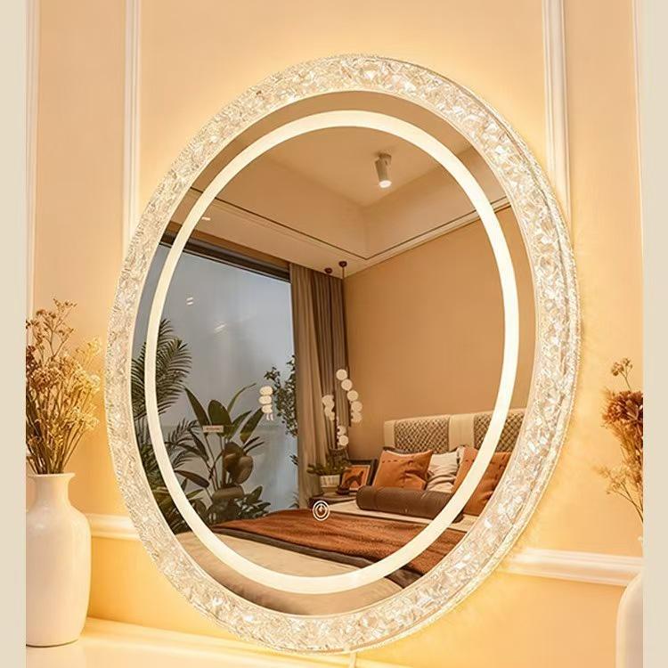 Glacier Wall-Mounted Crystal Lamp Mirror with Acrylic Frame, Wired Version, Three-Color Dimming for Bedroom.