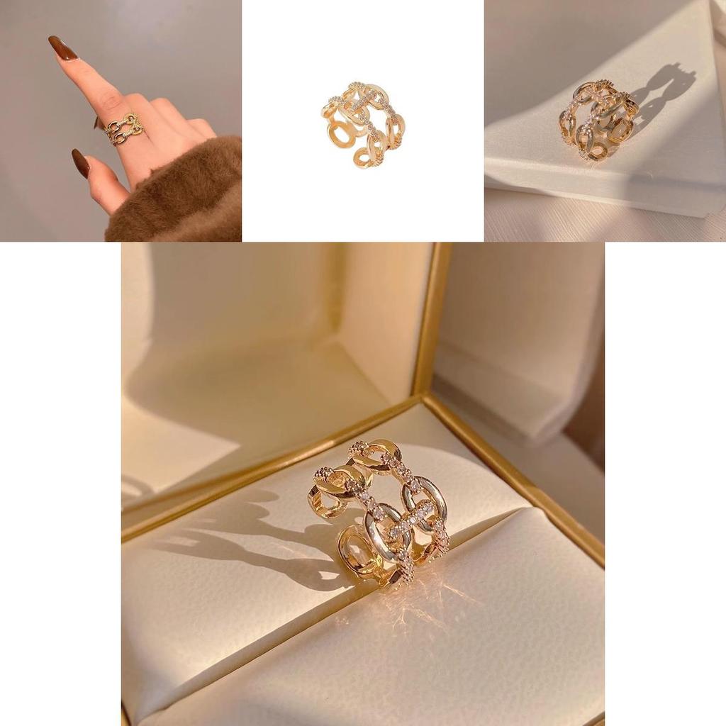 Elegant Adjustable Copper Ring With Geometric Design And Sparkling Zirconia For Women