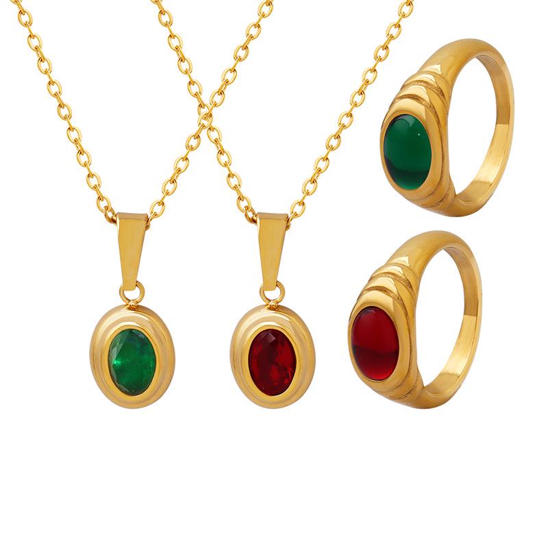 French Retro Gemstone Necklace & Ring Set - Gold-Plated Titanium Steel with Red & Green Zirconia.