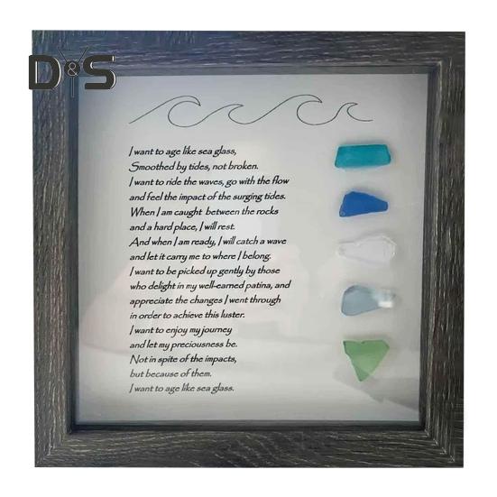 Sea Glass Picture Frame Wooden Photo Frame with Colorful Sea Glass Frame Sea Glass Poem Framed Artwork Ornament for Home Decor