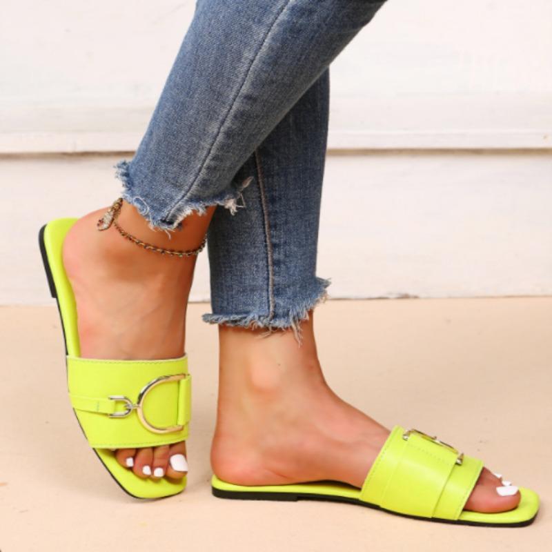 New Color Large Size Square Head Metal Buckle Fluorescent Color Flat Bottom Slippers Women's Shoes Fashion Color