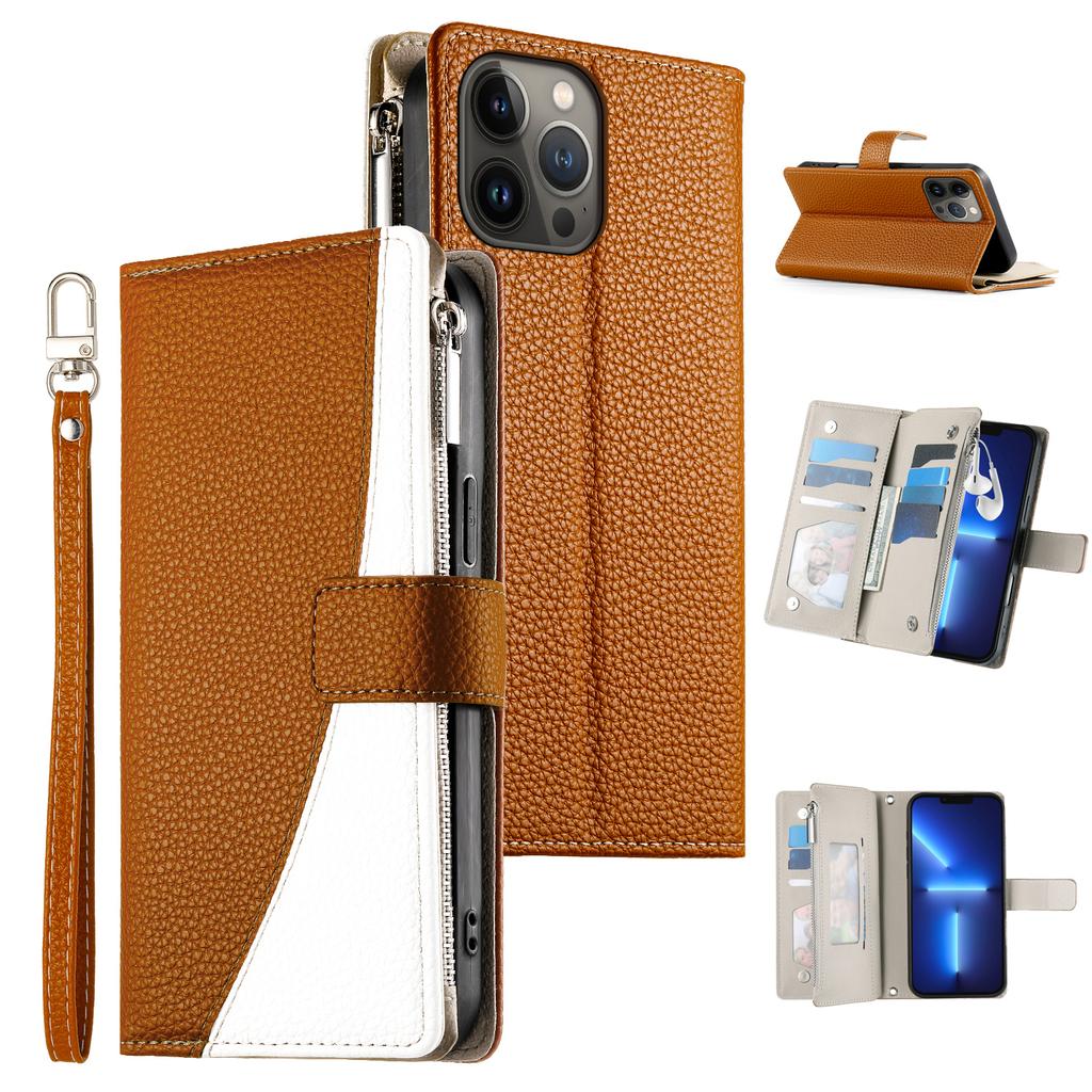 For iPhone 13 Pro Max Case Zipper Pocket Wallet Color Splicing Leather Flip Phone Cover with Straps
