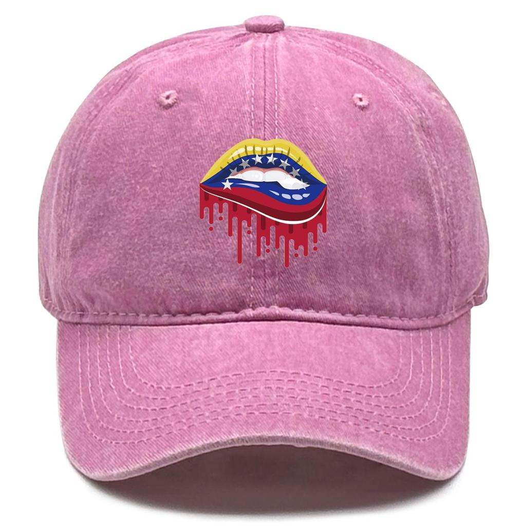 Venezuela Flag Lip Print Snapback Baseball Cap, Patriotic Sports Hat Raw Brim Sun Protection Cotton Leisure Snapback Baseball Hat