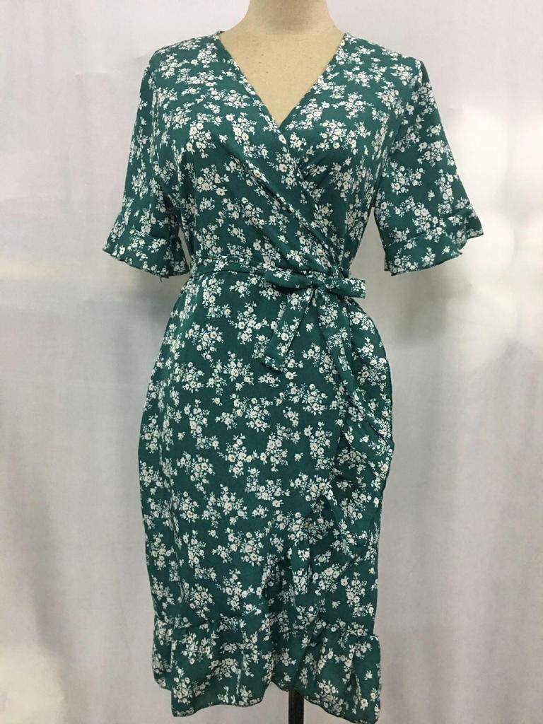 Printed V-Neck Tie High Waist Chiffon Floral Dress