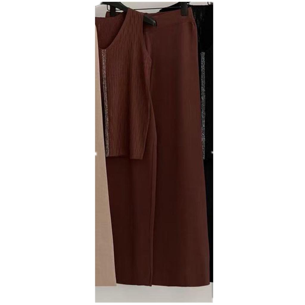 Casual Solid Knitted 2 Pieces Tracksuit Women Summer V-neck Rhinestones Knit Vest + Pants Set