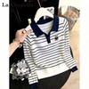 La Chapelle Women's Striped Polo Collar Knit Sweater