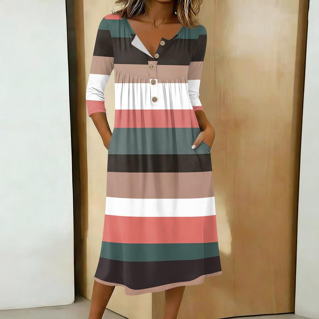 Women's Fashionable Color Printed Round Neck 3/4 Sleeve Button Collar Mid Length Casual Dress