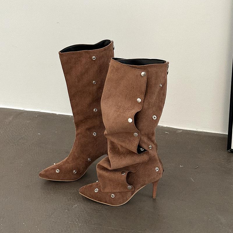 

European and American hot girls button two wear pointed pile boots 2025 new autumn and winter boots fashion boots stiletto boots 43 коричневый