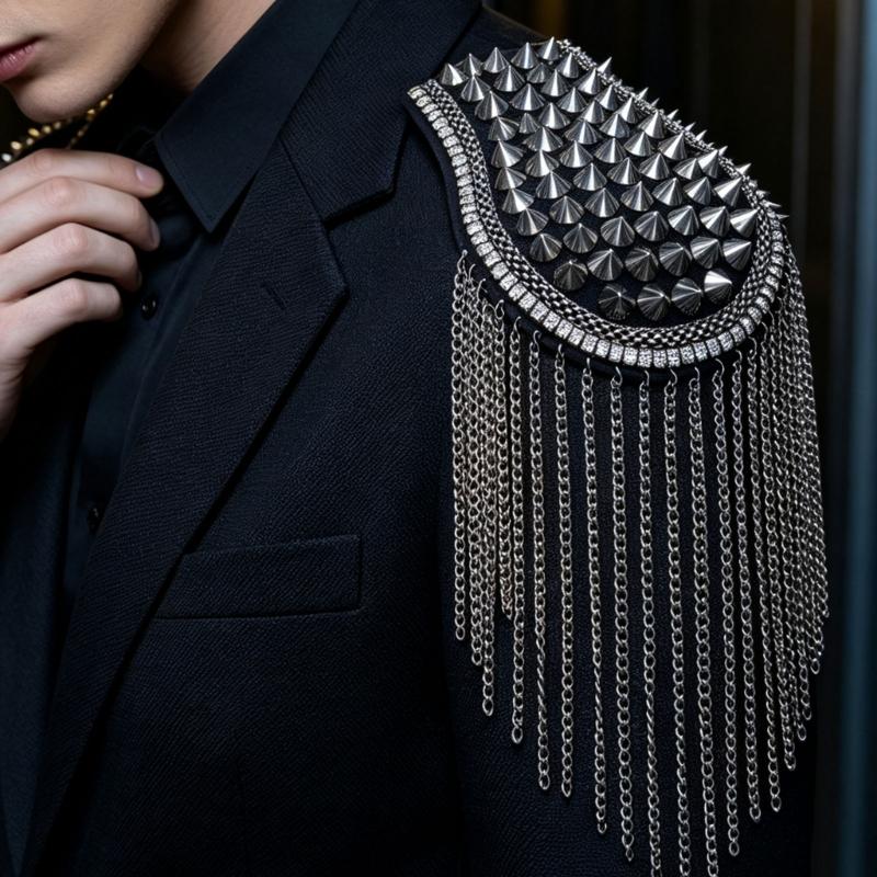Sew-On Epaulette Shoulder Bar Accessory with Rivet Studs and Layered Metal Chain for Punk Theme Clothing Enhancement