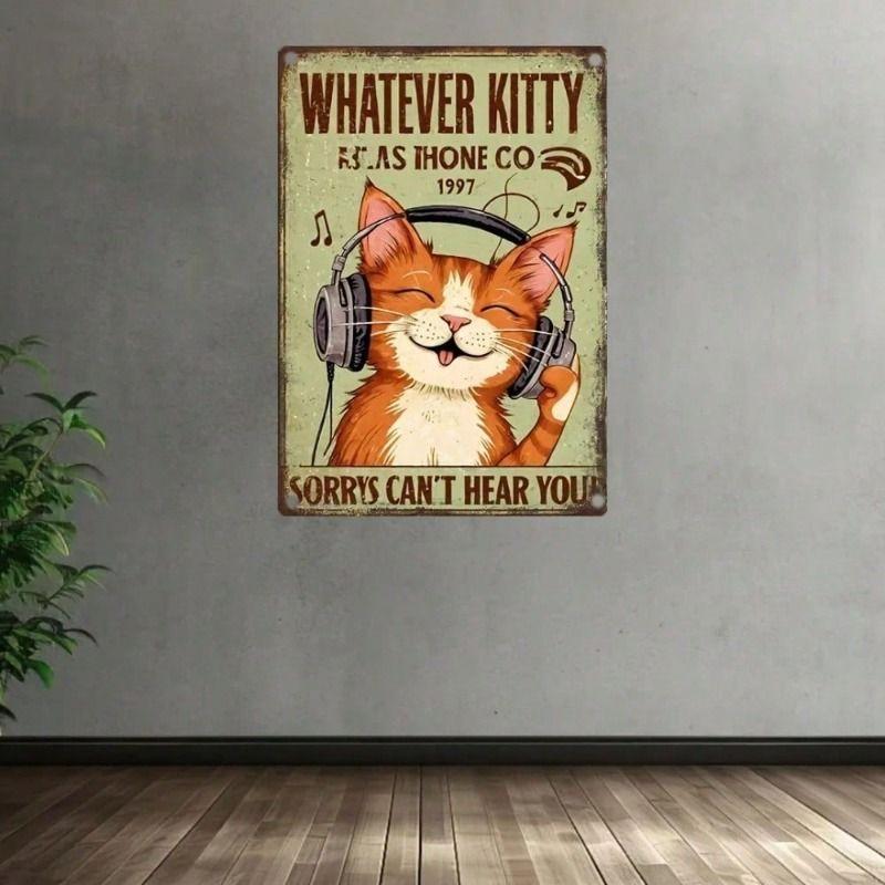 

Vintage Kitty Headphones Metal Wall Poster, Retro Cat Decor for Bar Garage