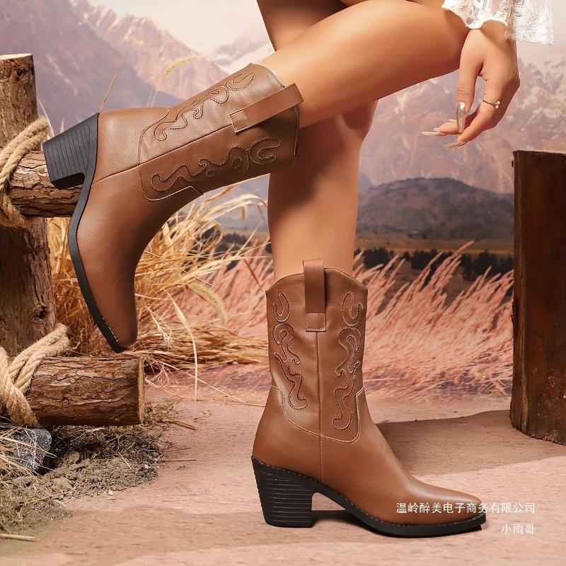 New Style Shoes: Retro Pointed-toe Chunk-heeled Boots, Versatile Mid-calf Riding Boots for Women, and Leather Boots