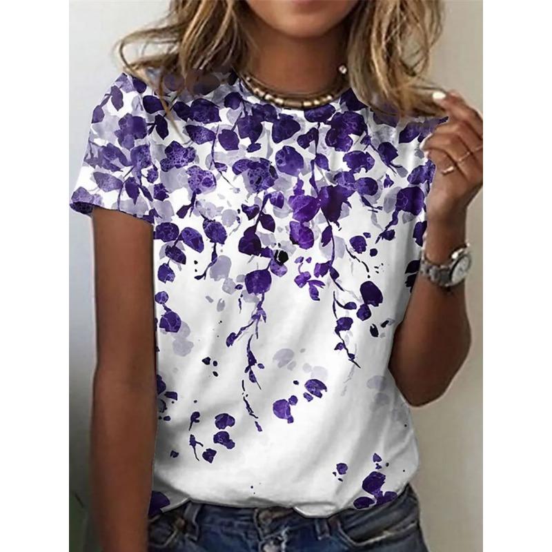 Summer Round Neck 3D Flower Print Top Fashionable Casual Short Sleeved Women's T-shirts