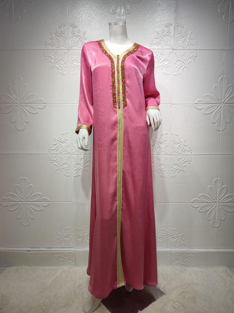 AB073 Women's Lace Abaya with Ribbon & Hot Drill Detail - Middle Eastern Fashion Robe
