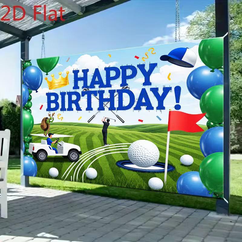 Telo di Sfondo 2D Fresco per Compleanno Golf, Palloncini Blu e Carrello da Golf Arazzo per Festa