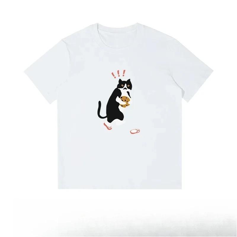 Summer Short Sleeve Fun Cat Couple Printed Half Sleeve Casual Loose Heavy TShirt Round Neck Casual Short Sleeves Plus Size Loose