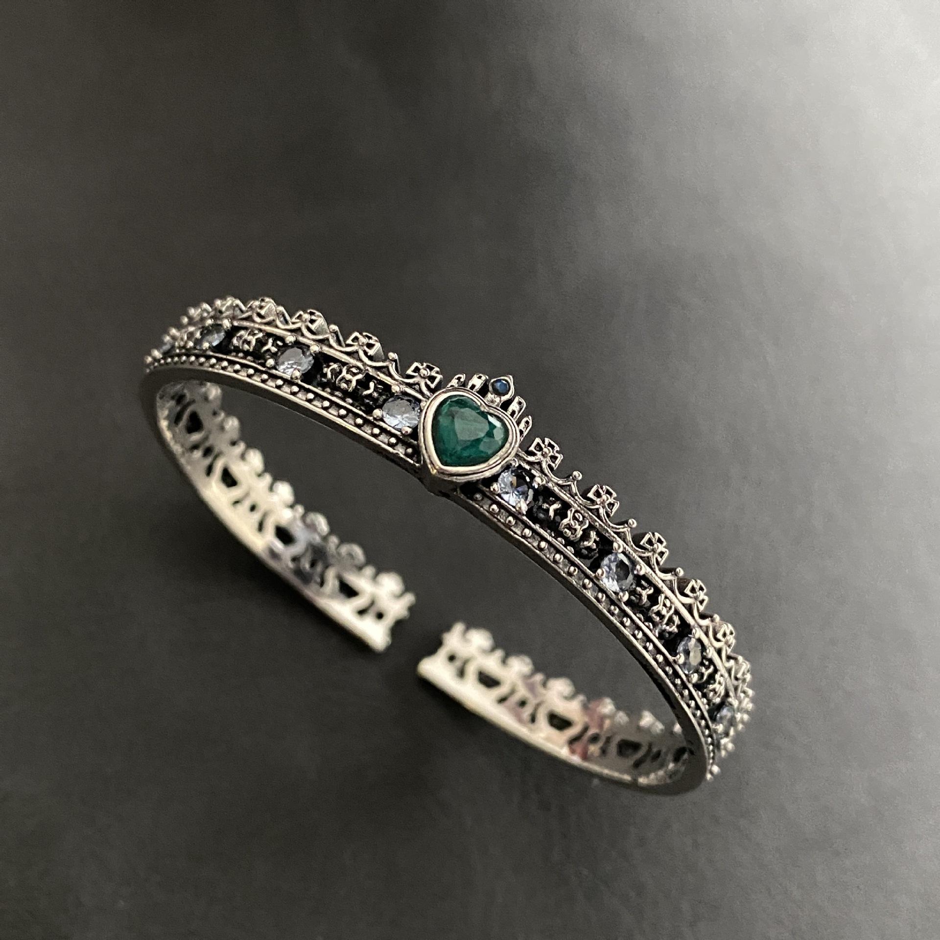 Retro Thai Old Craftsmanship Colorful Zircon Cross Crown Love Advanced Sense Opening Bracelet Women S Light Luxury Bracelet