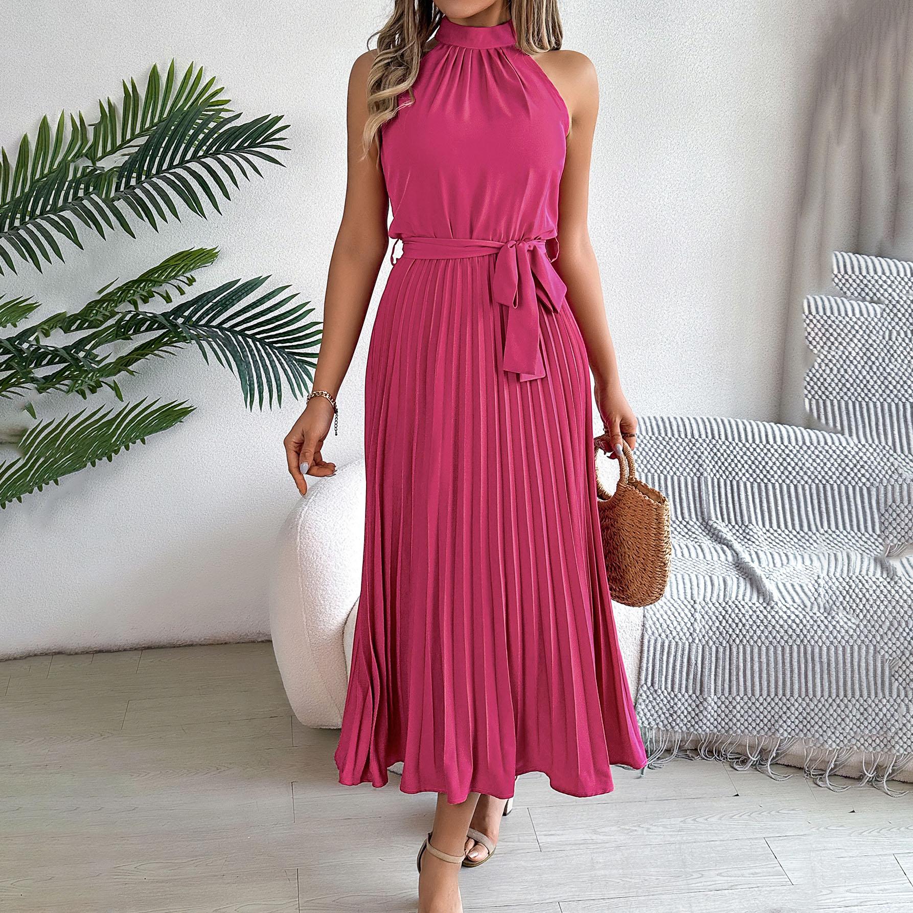 

Женское осенне-зимнее темпераментное однотонное плиссированное платье без рукавов с высокой талией и шнуровкой XL розы красного