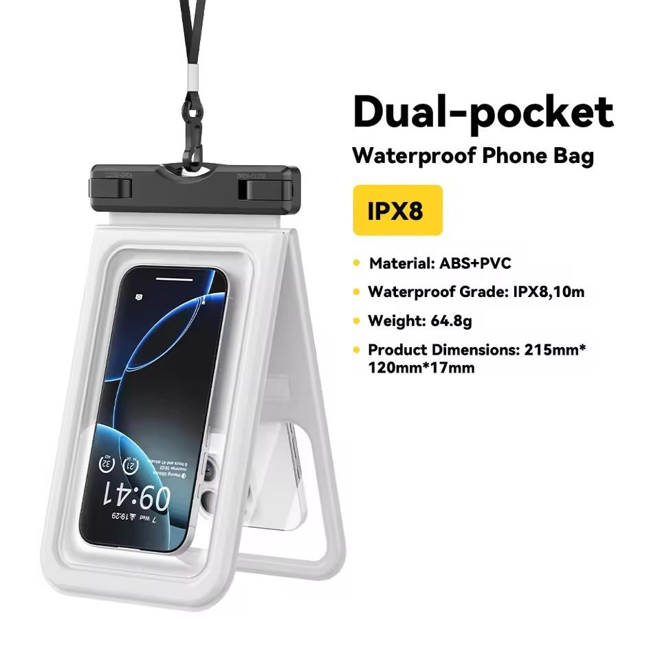 Essager Custodia Impermeabile IPX8 a Doppia Tasca per iPhone16 15 14 13 Borsa Stagna Galleggiante per Snorkeling Spiaggia Nuoto Copertura Universale