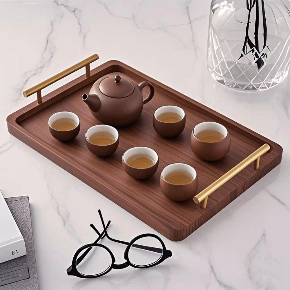 Rectangular Wood Serving Tray Metal Handles Breakfast Bread Plate Decorative Tray  Hotel