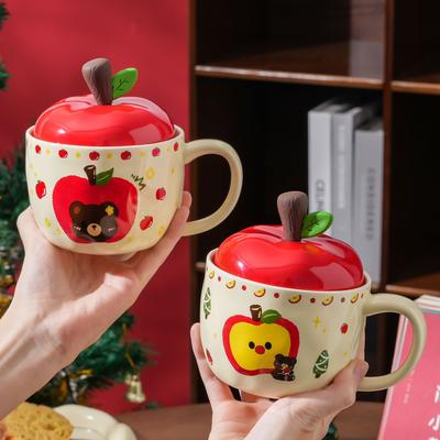 High Value Apple Cup with Lid Mug Christmas Ceramic Cup Hand Drawn Cartoon Cute Coffee Cup Souvenir