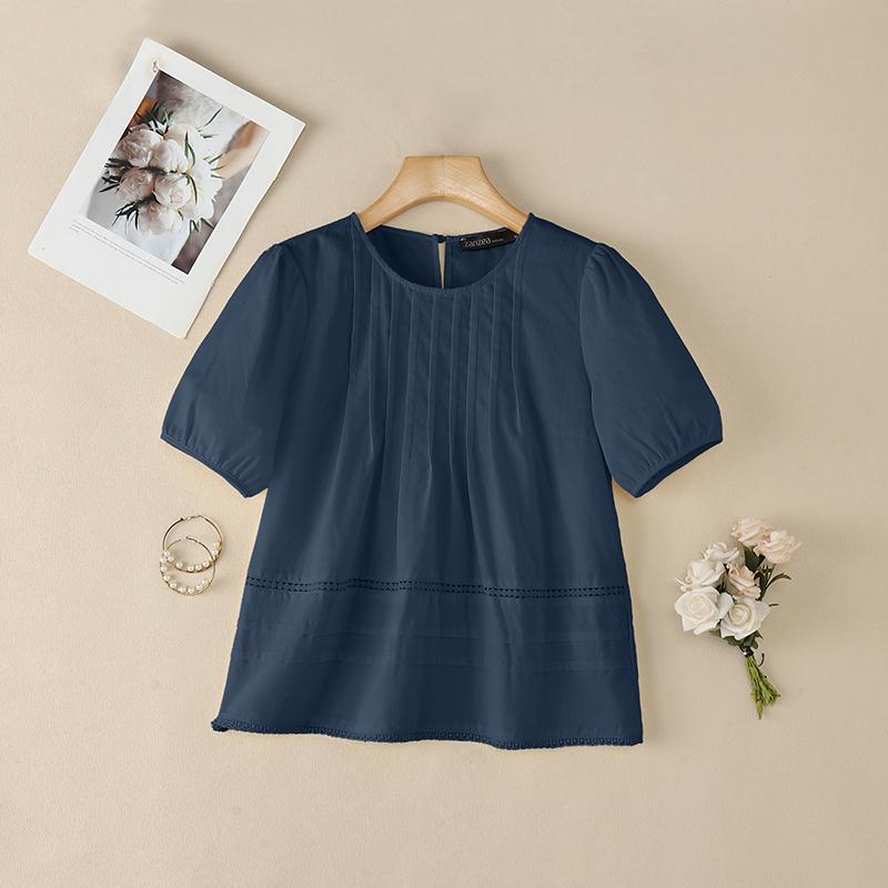 ZANZEA Damen Freizeit Rundhals Sommer Kurzarm Baumwollbluse