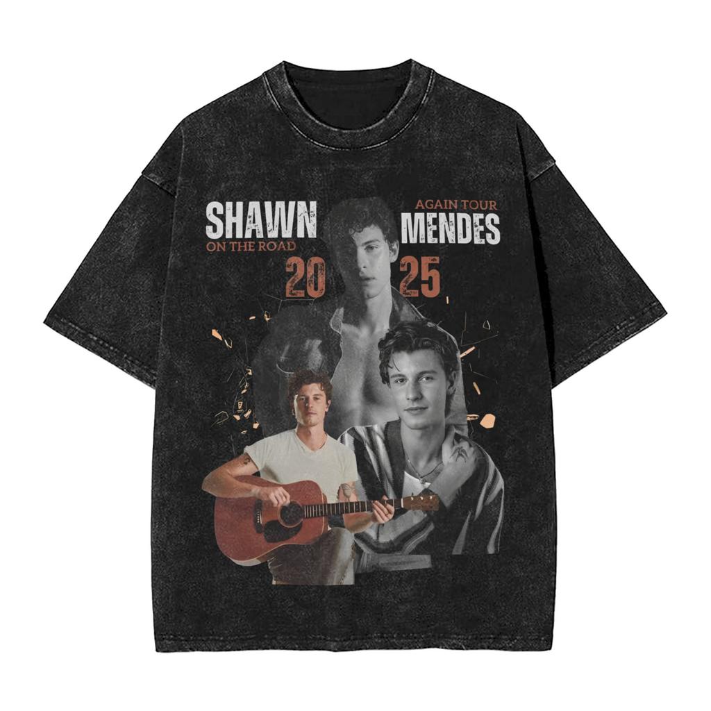 Harajuku Washed Shirt On the Road Again Shawn Unisexdes Tour Merch Vintage T Shirt Streetwear Short Sleeve Printed Tops Tees
