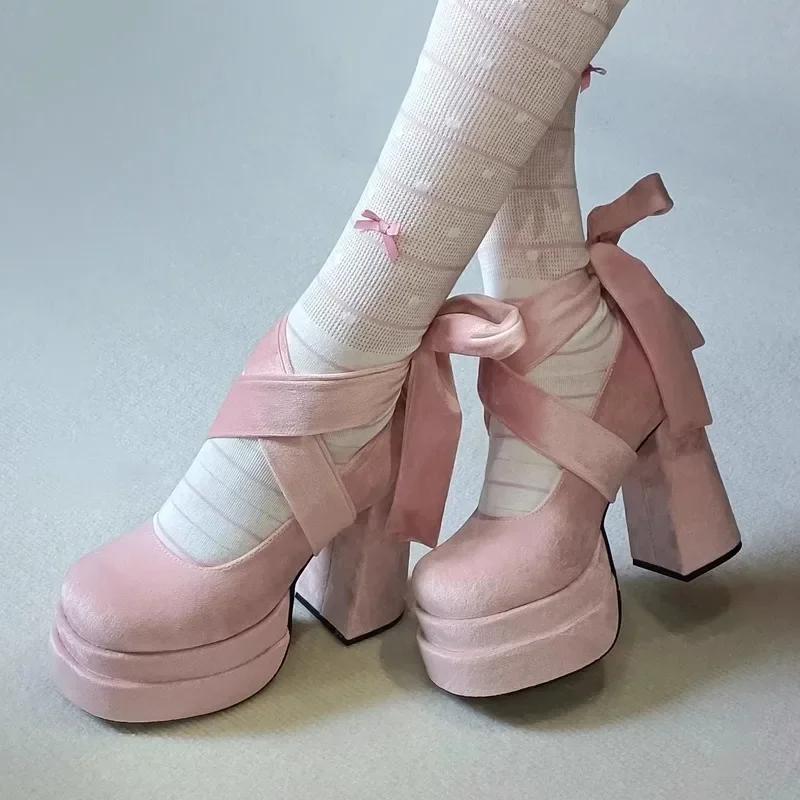 Projektant Mody Platforma Damskie Buty Mary Jane Buty Czółenka do Sukienki Moda Eleganckie Buty na Grubym Obcasie z Paskiem Krzyżowym Damskie Buty w Stylu Kolegialnym