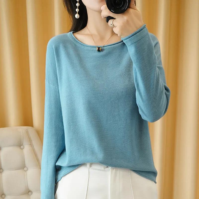 Women's Knit Base Layer Thin Long-Sleeve T-Shirt Loose-Fit Korean-Style Pullover Top