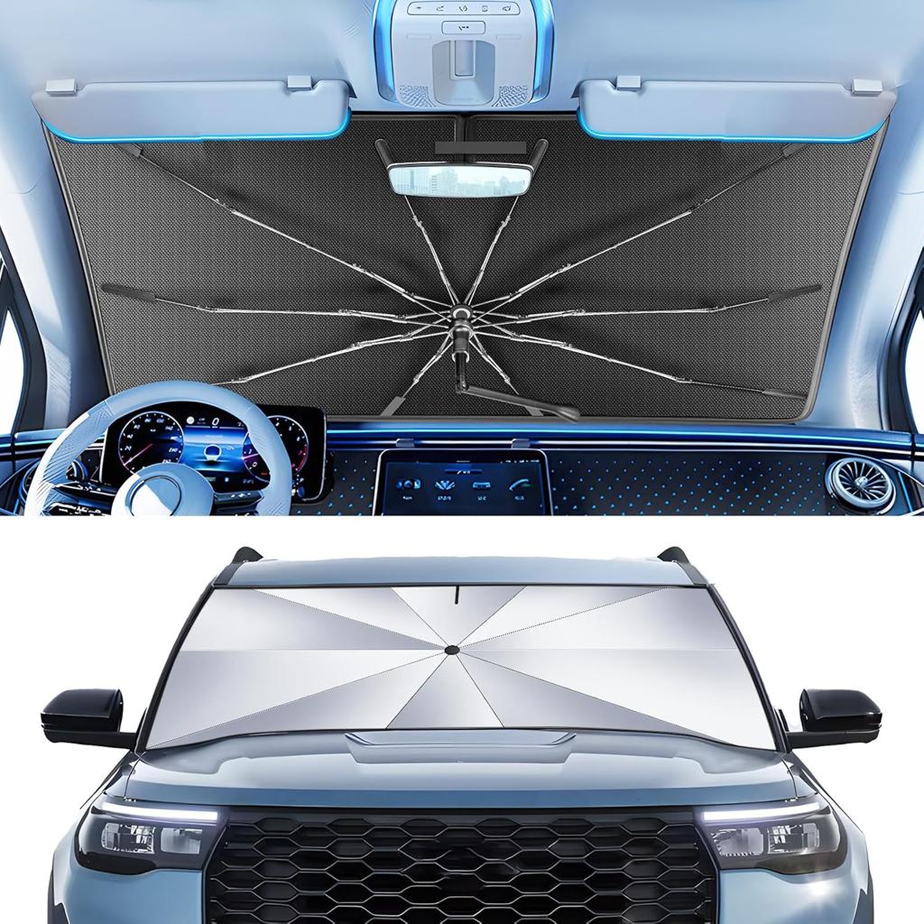 Portable Ford Explorer -2024 2025 Windshield Sunshade Umbrella With Bag, 2 In1 Ice Crystal Durable Compact Shade Umbrella UPF50+ UV Front Window Heat