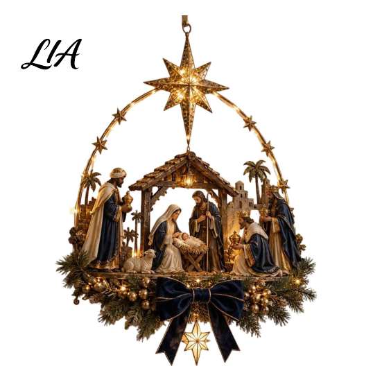 Christmas Star Gift for Family Lighted Nativity Door Swag, Bethlehem of Faith Wall Decor, Light-up Holy Indoor Festive Wreath Hanging Decoration Front
