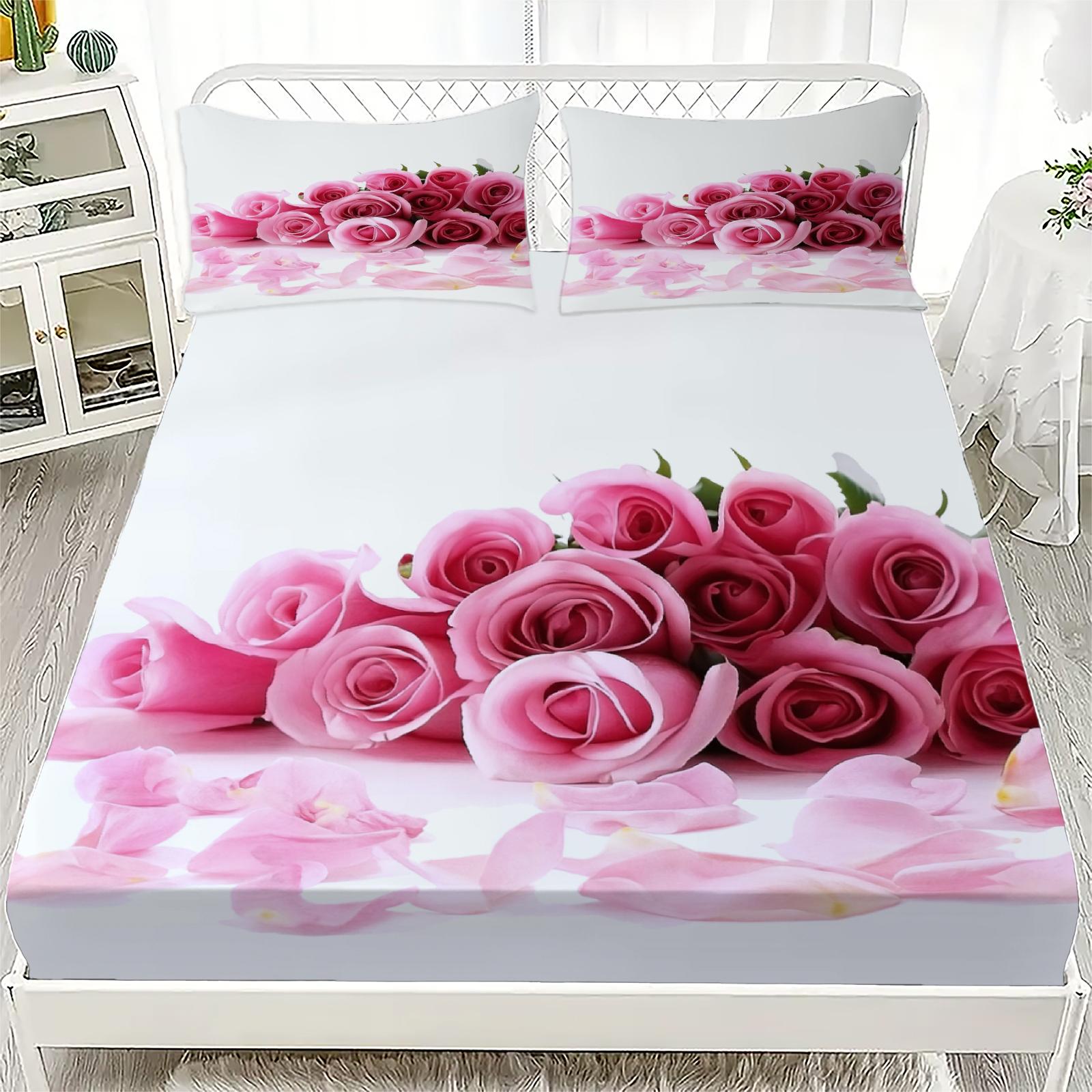 

1PC Fitted Sheet Beautiful Flowers Cat Print Set 100% Polyester Mattress Covers Cozy Bedding Set Gift Bedroom Decor 2 Pillowcase Queen152x203x25cm