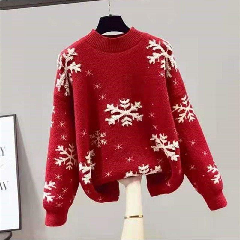 

Свободный свитер, пуловер, женский, осень-зима 2022, с длинным рукавом и круглым вырезом, рождественский модный зарубежный свитер, пуловер, женские топы One Size красный