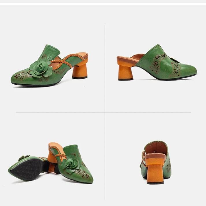 Johnature Vintage Genuine Leather Handmade Flower High Heel Slippers Pointed Toe Women's Shoes
