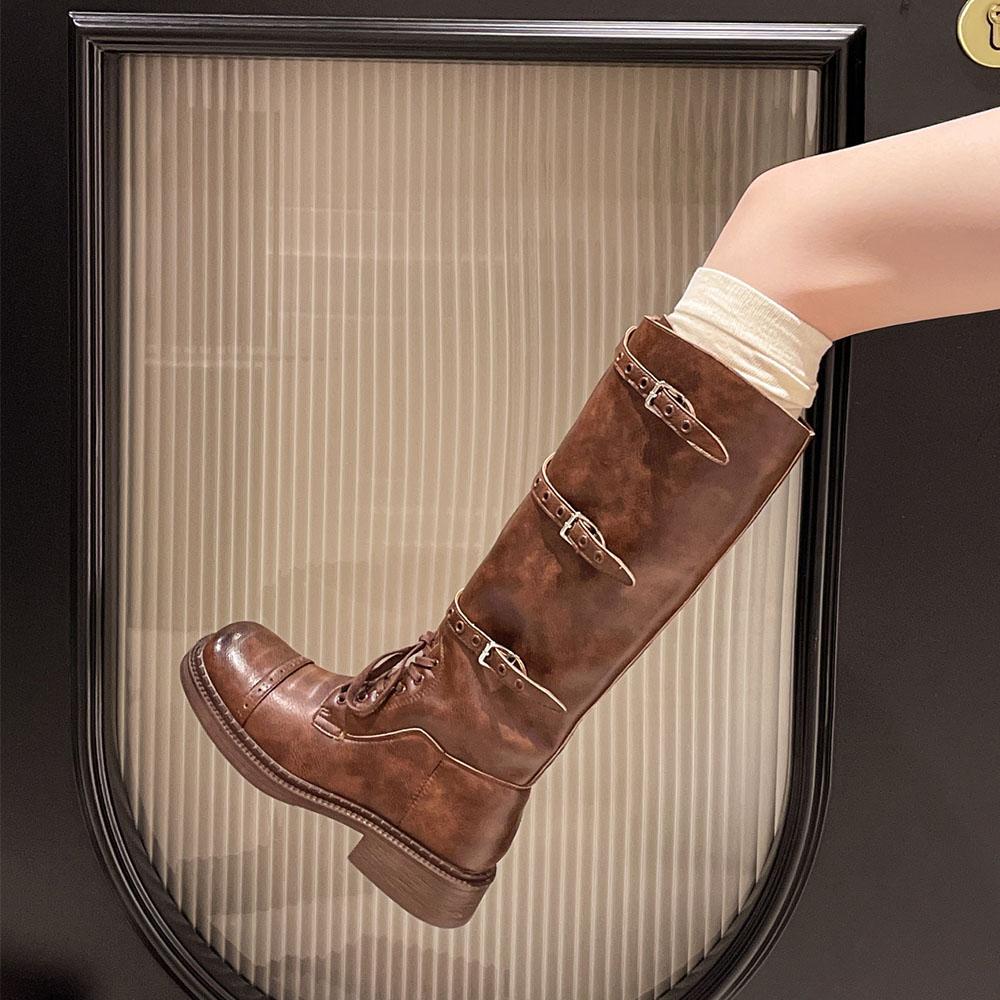 Women's Knee High Boots Vintage Belt Buckle Design Women's Boots Fashion Knight Boot Leather Long Tube Boots Botas Largas Mujer