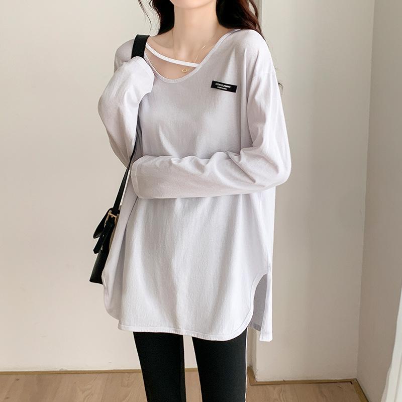 Spring and summer pure cotton soft waxy velvet white bottoming shirt for women mid-length inner design niche long-sleeved T-shirt for women ins