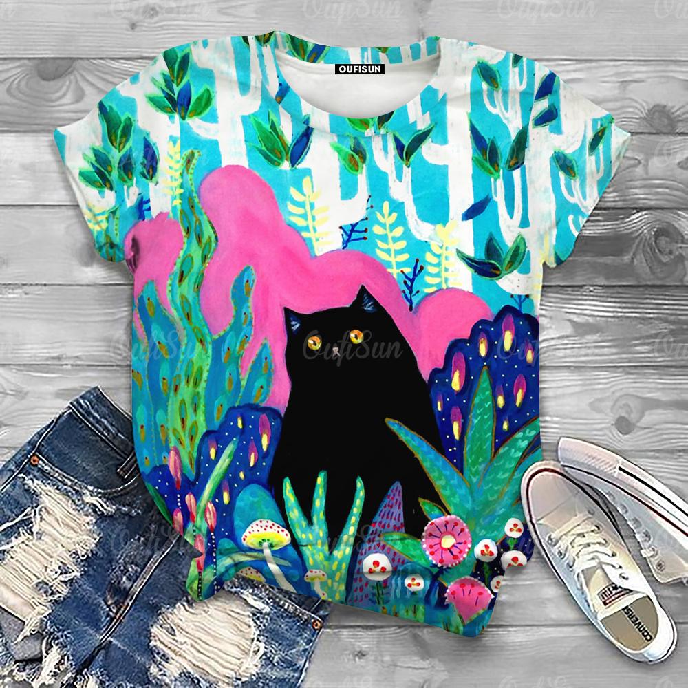 Cute Cartoon Cat Print Women's T-Shirts Top Short Pullover Sleeved Fashion Casual Style O-Neck Tee Shirt Female Clothing Summer
